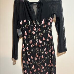 Guess Black and Pink Floral Long Sleeve Dress
